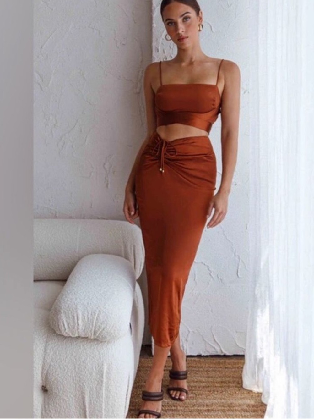 Satin Midi Hi Lo Maxi Skirt NEW NWT  Selfie Leslie Chocolate Terracotta Size L